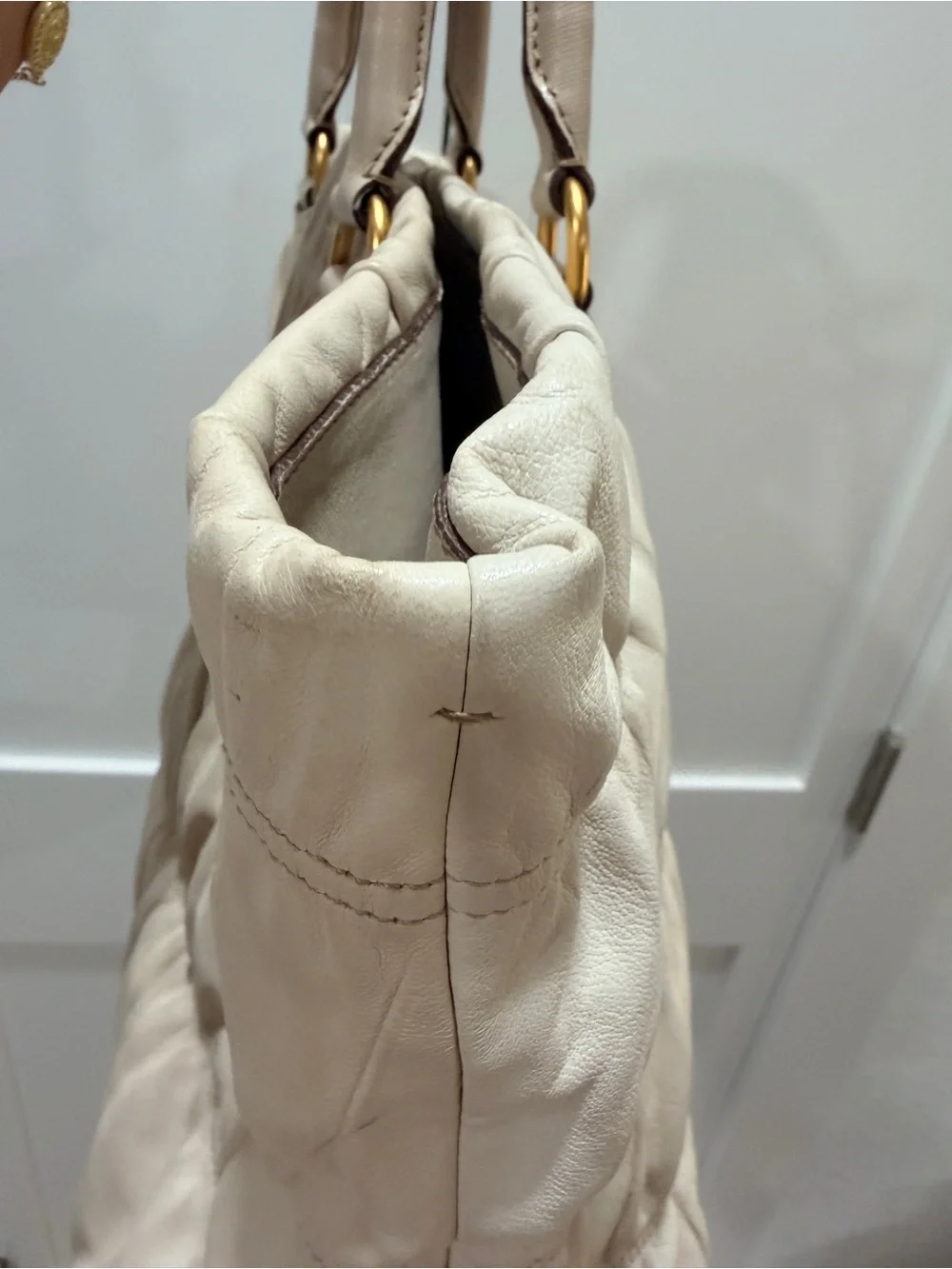 PRADA Gaufre Tote Bag Beige Lambskin Leather | Gold Hardware | VERY GOOD ❣️ - Picture 11 of 17
